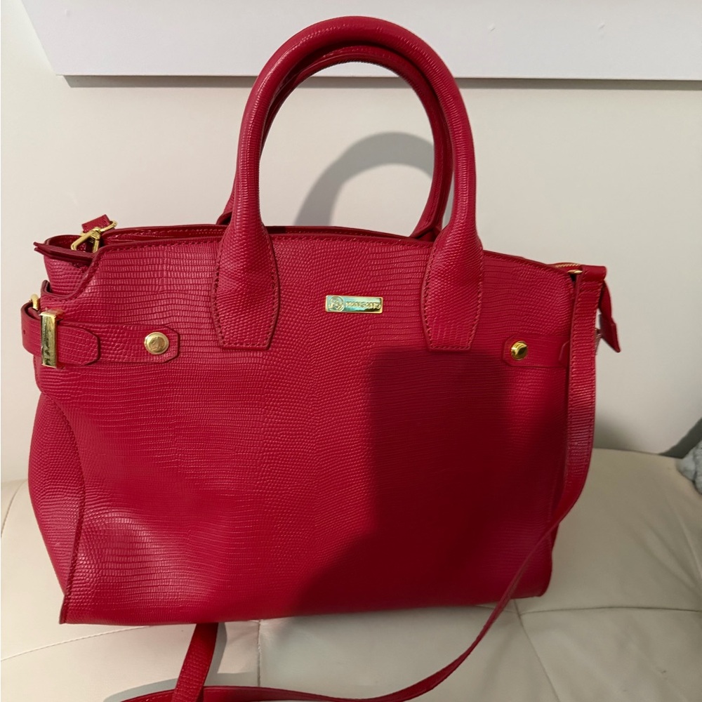 Vibrant Red 100% Leather Satchel with Gold Accents